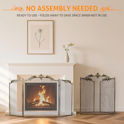 WICHEMI Vintage Style 3-Panel Fireplace Screen 50x32 Inch Bronze - Foldable Safety Guard