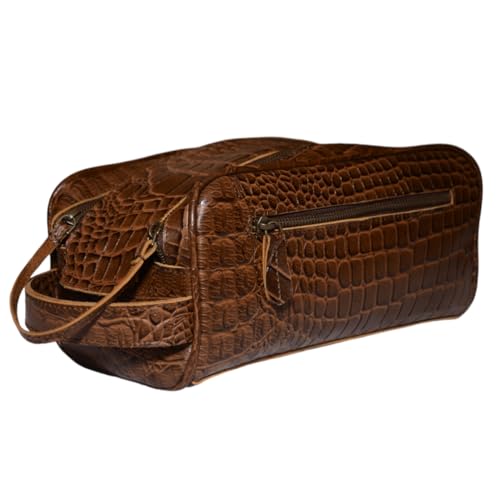 Premium Buffalo Leather Unisex Toiletry Bag Travel Kit (King Size) Shaving kit Accessories :Shaving Brush Case, Razor Protective Travel Case (Combo of 4 Items) (Crocodile Print)