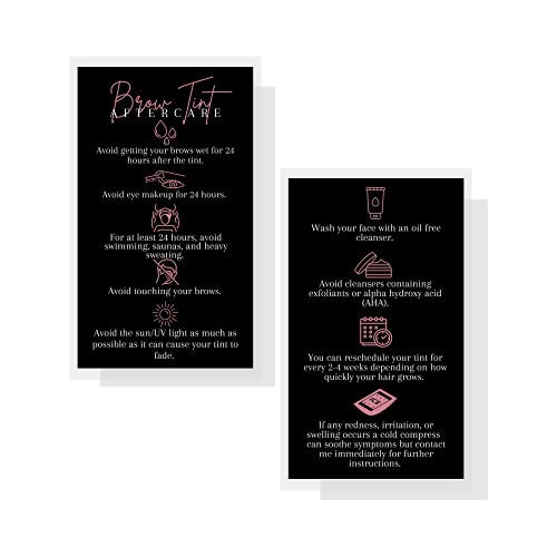Boutique Marketing LLC Brow Tint Aftercare Card | 50 Pack | 2x3.5¡± inch Business Cards | Matte Black with Rosey Pink Design