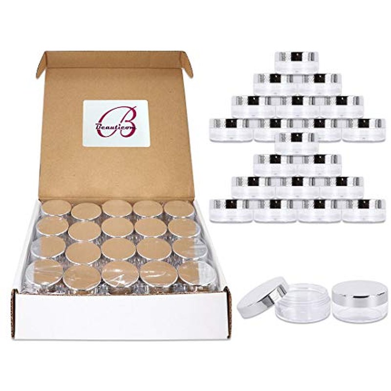 Beauticom 10g/10ml (0.35 Fl Oz) Round Clear Jars with Round Top Lids for Creams, Lotions, Make Up, Powders, Glitters, and more... (Color: Metallic Silver Lid, Quantity: 40 Pieces)