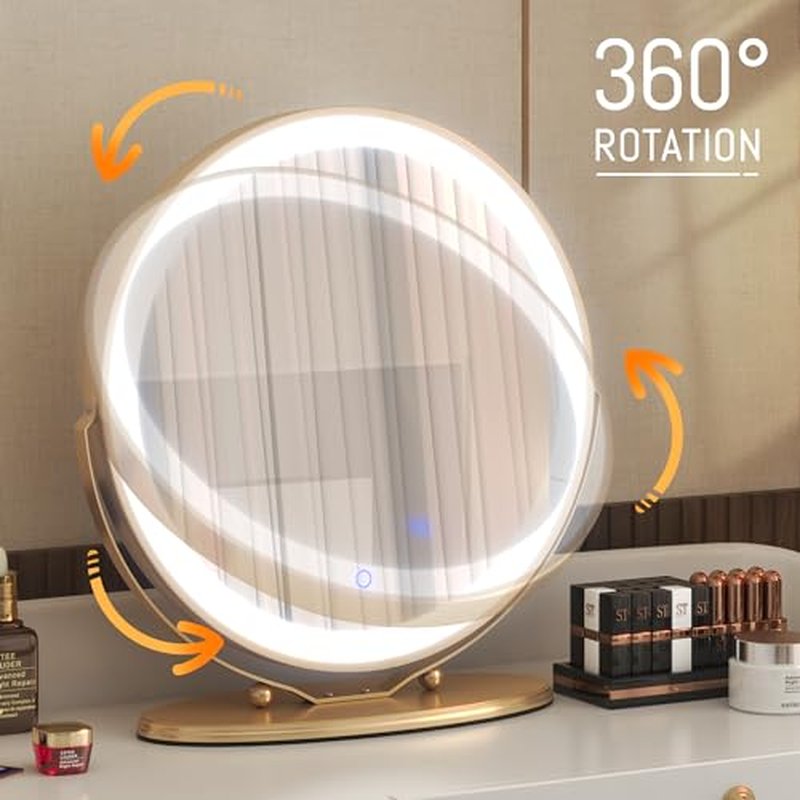 LVSOMT 20" Vanity Makeup Mirror with Lights, 3 Color Lighting Dimmable LED Mirror, Touch Control, 360¡ÆRotation, High-Definition Large Round Lighted Up Mirror for Bedroom Table Desk (Gold)
