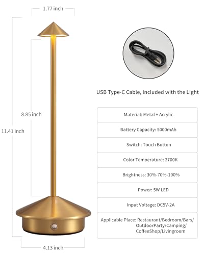 Cordless Gold Table Lamp Set of 2 - Portable LED Desk Lamps for Home & Office