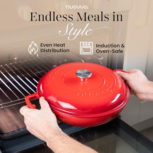 Red 5-Quart Shallow Cast Iron Enamelled Dutch Oven with Lid - Sturdy Ovenproof Cookware