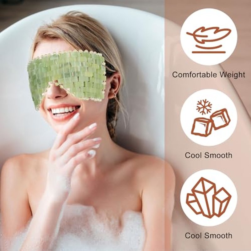 2Pcs Jade Eye Mask & 5 Pieces Facial Fan Mask Brush, Jade Facial Cooling Mask and Brushes Tools Kit for Mud Cream Home Spa/Travel - Relieve Puffiness, Anti-Aging Beauty Supplies