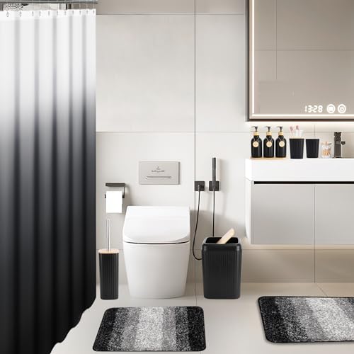 Black Bathroom Set with Shower Curtain and Rugs - 32PCS Toilet Accessories Including Trash Can & More - Variation: Bath Set + Shower Curtain + Bath Rugs