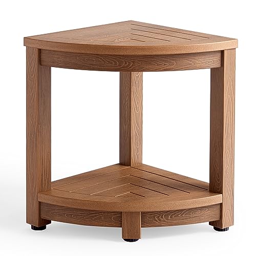 Corner Shower Stool with Storage and Adjustable Feet - Waterproof Plastic Seat for Shaving, Brown
