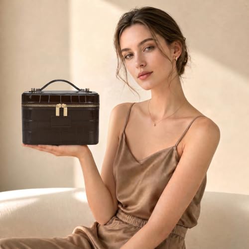 HiTotes Crocodile Waterproof Makeup Bag with Leather Toiletry Organizer - Travel Cosmetic Case, Women’s Vanity & Storage