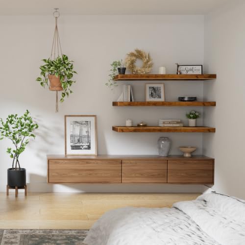 Deep Floating Wall Shelves Set of 3 - 12-Inch Depth, Brown, 35.4 x 12 Inches - Farmhouse Style Variation A