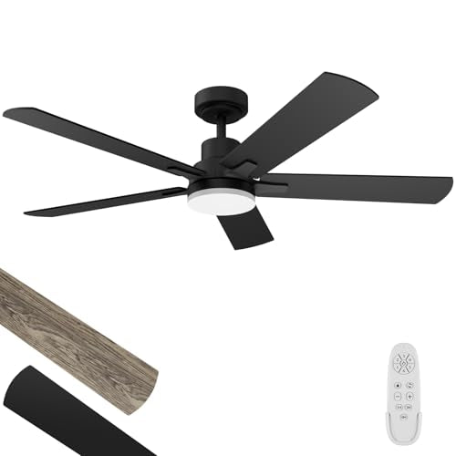 Matte Black 52-Inch Ceiling Fan with Light and Remote Control - Reversible DC Motor, Dimmable, Noiseless, Indoor & Outdoor