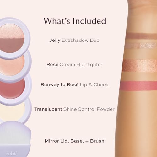 Subtl Beauty 4-in-1 Travel Makeup Kit by Subtl Staks - Eyeshadow Duo, Shine Control Powder, Cream Highlighter, Lip and Cheek - Includes Mirror Lid and Mini Brush - Stackable Makeup Designed for Travel