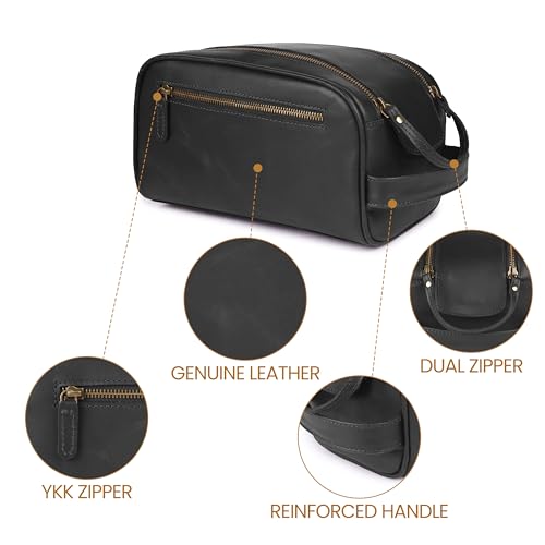 Leather & Latch Full Grain Leather Toiletry Bag Black Water-Resistant Travel Organizer