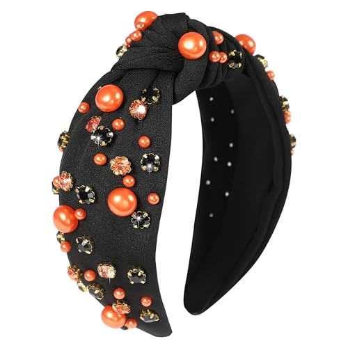 Halloween Pearl Knotted Headbands for Women Sparkly Beaded Crystal Embellished Headband Wide Top Knot Black Pumpkin Hairband Fancy Girls Halloween Hair Accessories Outfits