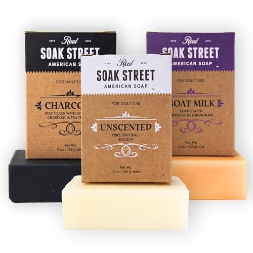 Real American Soap (Variety Bundle, 3 Pack) ? Natural Bar Soap Made with Grass-Fed Tallow, Conditioning Lard, & Pure Coconut Oil ? Unscented, Charcoal & Tea Tree Oil, & Lavender Goat Milk
