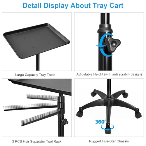 Black Salon Rolling Cart with 3 Hair Racks & Height Adjustable Tray