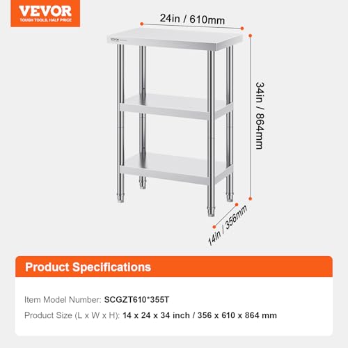 14 x 24 x 34 Inch Stainless Steel Food Prep Table - Heavy Duty Commercial Workstation