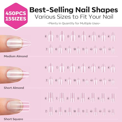 Modelones Nail Tips Set - Multi-Shape Gel Tips with 450 Pieces for Manicure