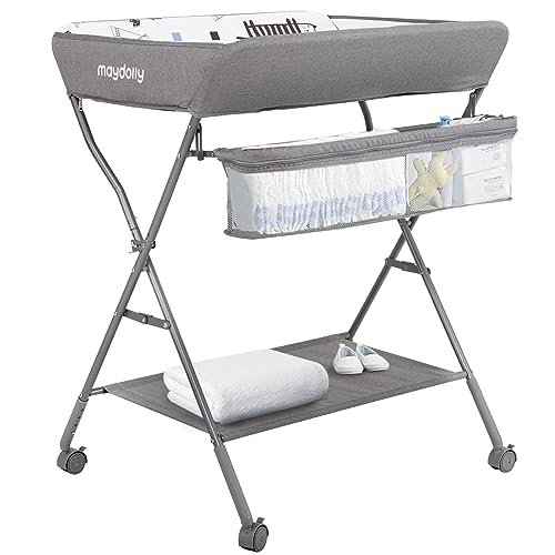 Maydolly Baby Changing Table with Wheels - Light Grey Portable Adjustable Diaper Station & Storage Rack