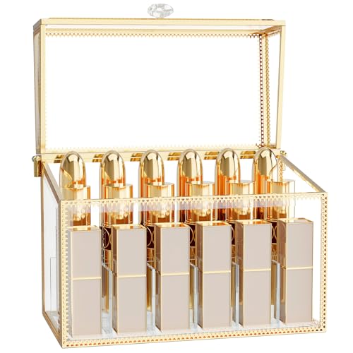 CoralHouse Glass Lipstick Organizer with Lid - Gold 18-Slot Vanity Storage