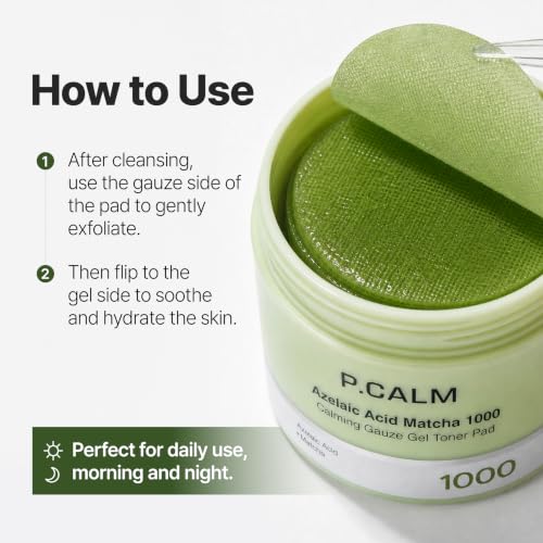 P.CALM Azelaic Acid Matcha Gauze Gel Toner Pads, 60 Individually Soaked Exfoliating Masks
