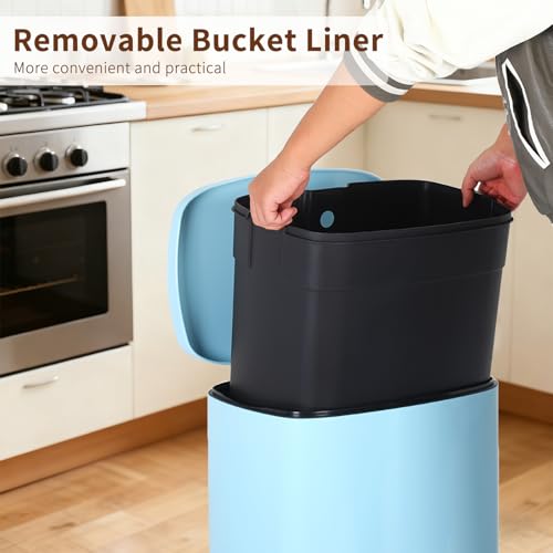 13 Gallon Stainless Steel Trash Can with Lid and Removable Inner Bucket - Blue