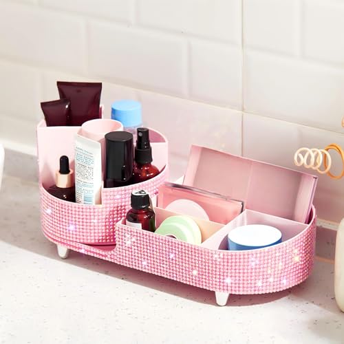 Teen Girls Women Gift 360 Rotating Bling Makeup Organizer Large Rhinestone Diamond Bathroom Organizer Girly Skin Care Brush Holder for Countertop,Bathroom Essentials(Pink,Rhinestone)