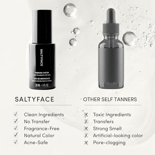 SALTYFACE - Tanning Water (Light to Medium) - Self Tanner for Face, Neck, Ears, Chest - No Color Transfer - Oil Free, Fragrance Free - Streak-Free, Non-Clogging - Vegan Skin Care - 1 FL OZ (30 ML)