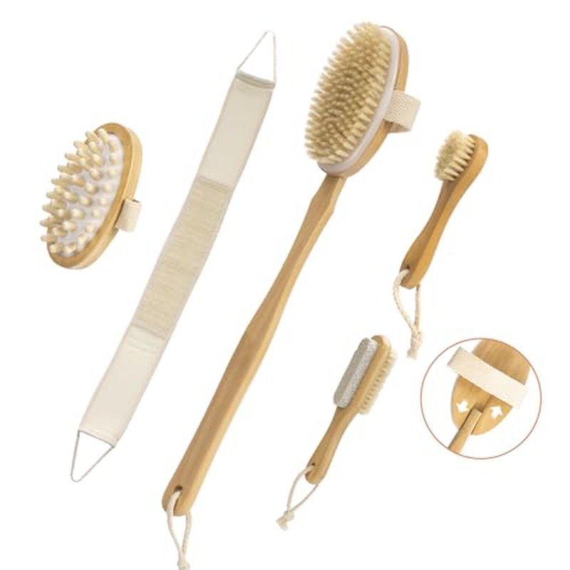 7 Packs Dry Brushing Body Brush Set for Lymphatic Drainage and Cellulite Massager, Long Handle Dry Brush for Body, Natural Boar Bristle Dry Body Brush Exfoliator