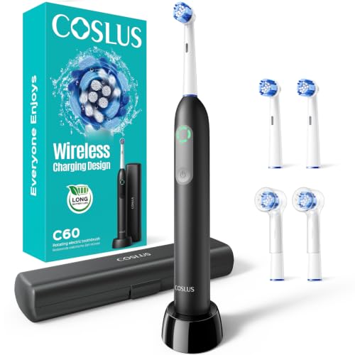COSLUS C60 Black Rechargeable Rotating Electric Toothbrush for Adults - Travel Case Included