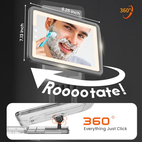 LED Shower Mirror Fogless for Shaving - Heated Fog Free, 3 Dimmable Lights, 360¡Æ Adjustable, Rechargeable, Drill Free - with Storage Tray, Razor & Shaving Brush Holders,Gifts for Men