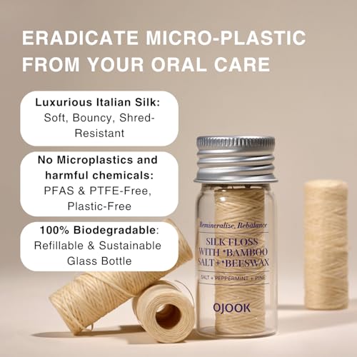 OJOOK Bamboo Salt Silk Dental Floss Refill - Biodegradable, Beeswax, Hydroxyapatite, 2 Spools