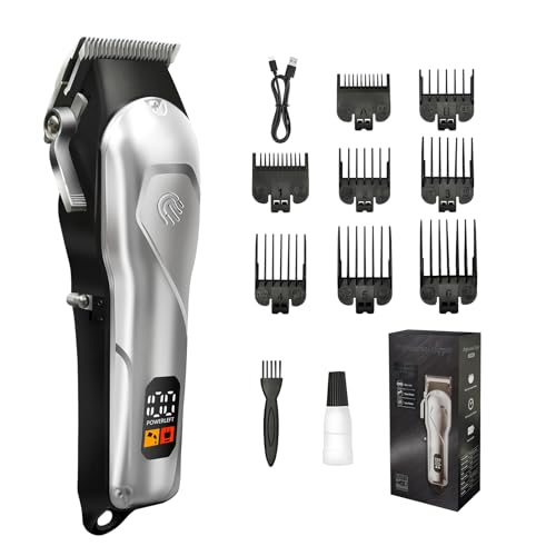 Professional Hair Clippers for Men, Cordless Rechargeable Hair Clipper with LCD Display, Household Trimmer Set for Haircut & Grooming(Silver-White)