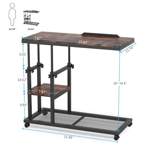 Height Adjustable C-Shaped Snack Side Table with Wheels - Rustic Brown