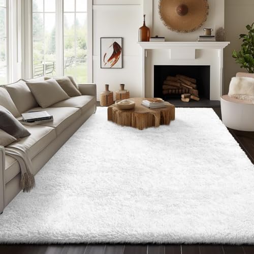 8x10 White Area Rug - Large Shag Bedroom Carpet, Soft Non-slip Indoor Floor Mat - Rectangular