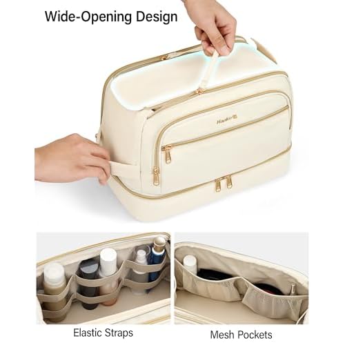 Hanke Travel Toiletry Bag, Lightweight Wide-open Makeup Bag, Dual-Layer Travel Bag for Toiletries Water-Resistant Cosmetic Bags Large Toiletry Bags for Women & Men, Travel Essentials, Off White