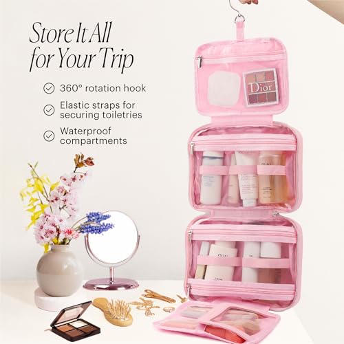 Pink Hanging Toiletry Bag for Women, Large Hanging Toiletry Bags for Traveling Women, Hanging Travel Toiletry Bag Women's Makeup Organizer for Cosmetics, Cute Large Toiletry Bags for Women Bathroom