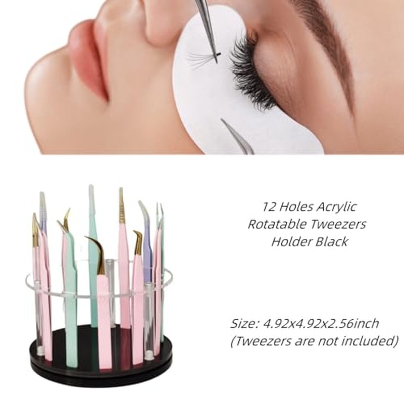 12 Holes Acrylic Rotatable Tweezers Holder, Eyelash Makeup Grafting Tweezer Display Stand Extensions Organizer Training Rack Beauty Tools (Black)