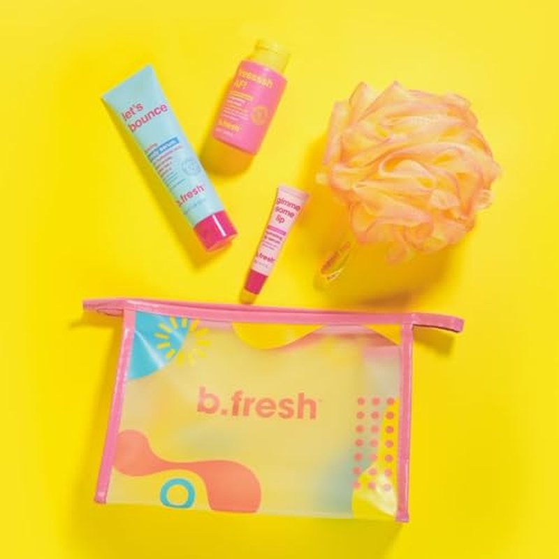 b.fresh Body Care Gift Set | Fressssh All Over - Self Care Kit Includes Travel Size Body Wash, Firming Body Serum, and Full Size Loofah with Hydrating Lip Serum, Christmas Stocking Stuffer