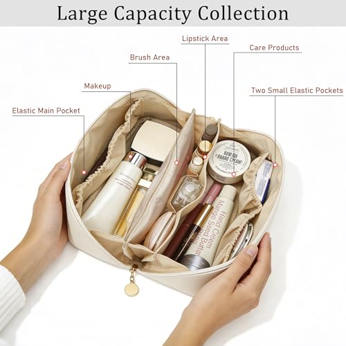 Large Beige Personalized Initial Makeup Bag for Bridesmaids - CLOUDWINGS