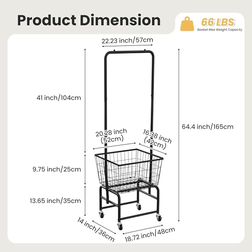 Rolling Laundry Cart with Wheels - Black Metal Hamper & Clothes Organizer with Hanging Rack