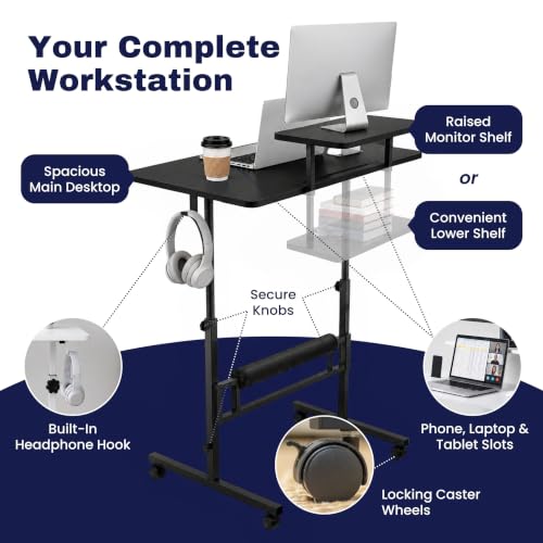 Black Small Rolling Adjustable Height Standing Desk - Portable 31.5x15.7 Tabletop