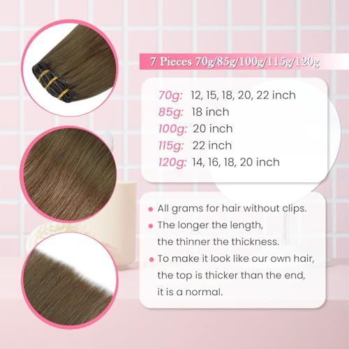 12 Inch Ash Brown Clip-In Hair Extensions - Remy Human Hair, 7 Pieces