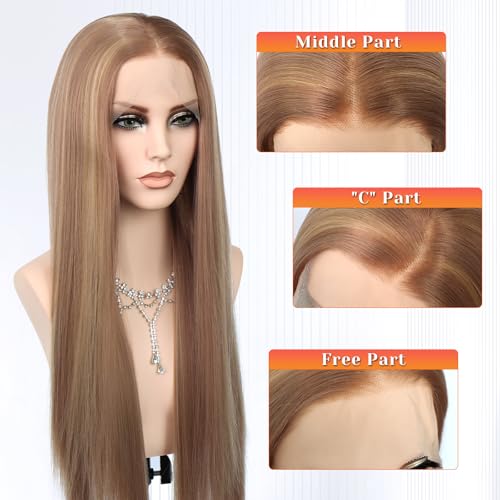 26-Inch Synthetic Lace Front Wig for Women - Ash Brown Blonde Highlights - Variation: Ash Brown Bleach Blonde Highlighted