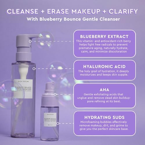 Glow Recipe Blueberry Bounce Gentle Face Cleanser 3-in-1 Foaming Double Cleanser, Makeup Remover Face Wash & Clarifying Mask - Hyaluronic Acid & AHA - Full + Travel Size (160 ml & 30 ml)