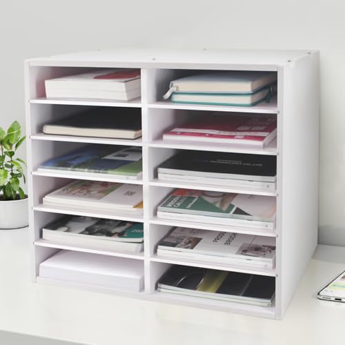 Desk Paper Storage Organizer with 12 Adjustable Compartments - Office & Classroom Literature Sorter, White