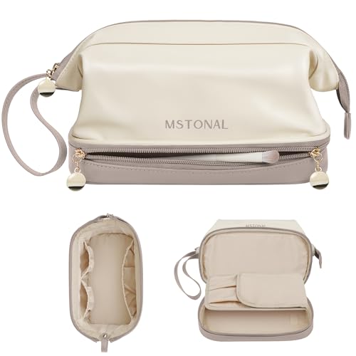 Large Travel Makeup Bag for Women - Double Layer Cosmetic Organizer Beige Sand