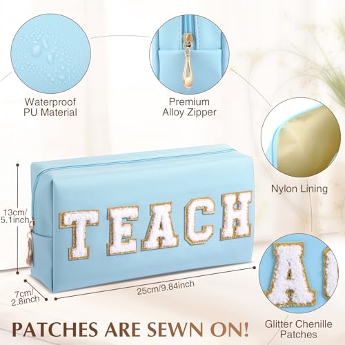 Preppy Colorful Makeup Bag for Teachers - PU Leather Cosmetic Organizer with Glitter Teach Variation