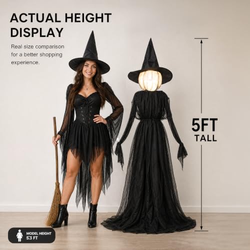 5 Ft Halloween Witches Decor Set of 3 with Lighted Faces, Outdoor Stakes & Timer