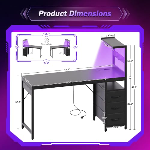 Black 48 Inch Gaming Computer Desk with LED Lights & Storage Shelf - Small