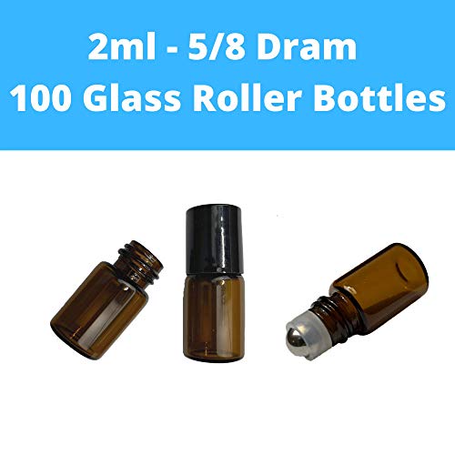 Essential Oils Roller Bottles 100pcs 2ml 5/8 Dram Glass Roller Bottles Refillable Essential Oil Roller Bottles Amber, Stainless Steel Roller Balls, Sample Roll On Bottles, Mini Roller Bottles, Vials