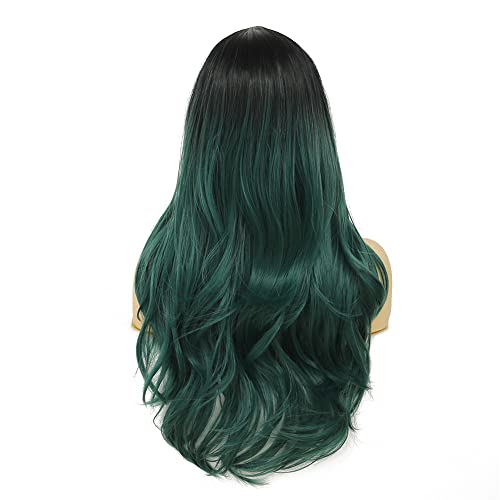 Green Curly Wigs for Women - Long Natural Wavy Ombre Synthetic Hair - Lace Front, Green-Lace Front